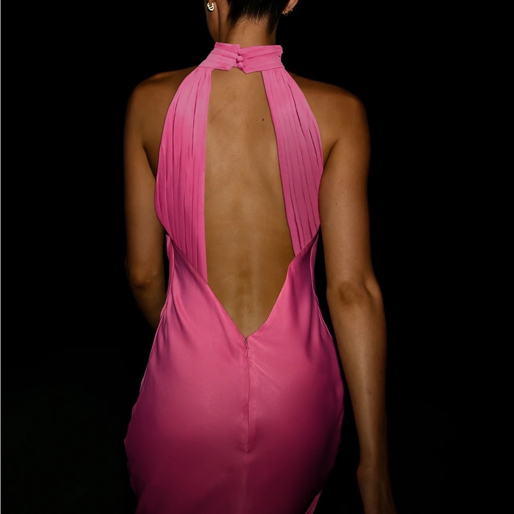 Meshki CLAIRE
Satin Drape Back Maxi Dress with Split - Pink